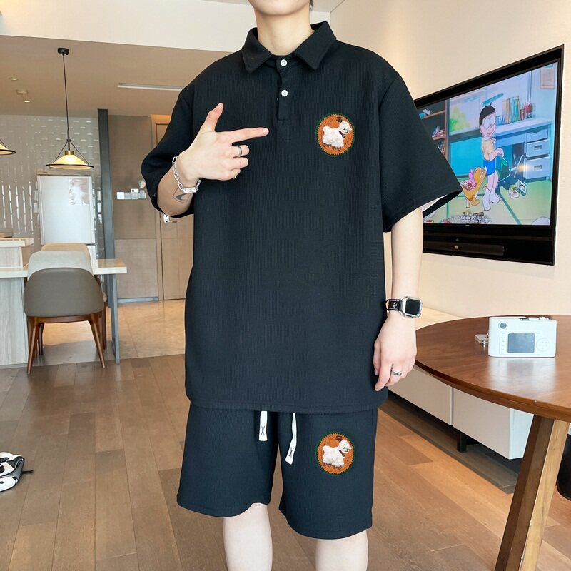 ZL01*P58华夫格短袖短裤套装男夏季翻领t恤宽松潮流polo衫两件套,男装休闲套装,星座414A-2（原B215-2）