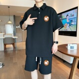 ZL01*P58华夫格短袖短裤套装男夏季翻领t恤宽松潮流polo衫两件套，男装休闲套装，星座414A-2（原B215-2）
