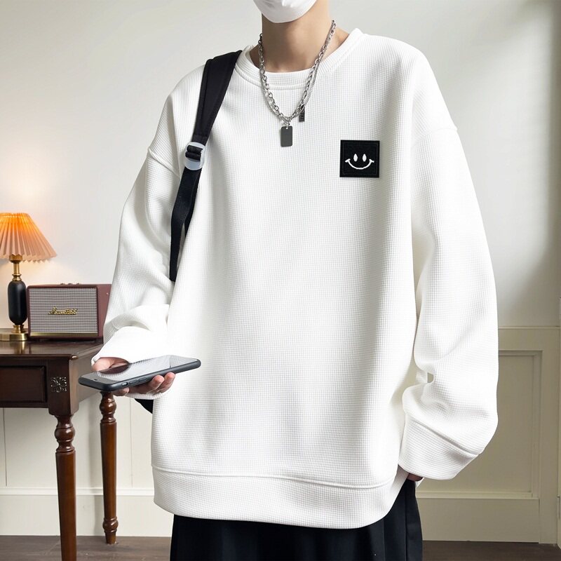 W655*P28美式vintag卫衣男女秋季宽松笑脸华夫格上衣潮牌ins外套图片