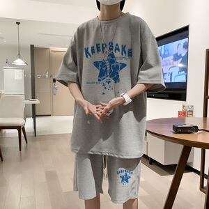 ZT28*P48 短袖短裤套装男夏季潮牌学生华夫格t恤一套帅气搭配衣服图片