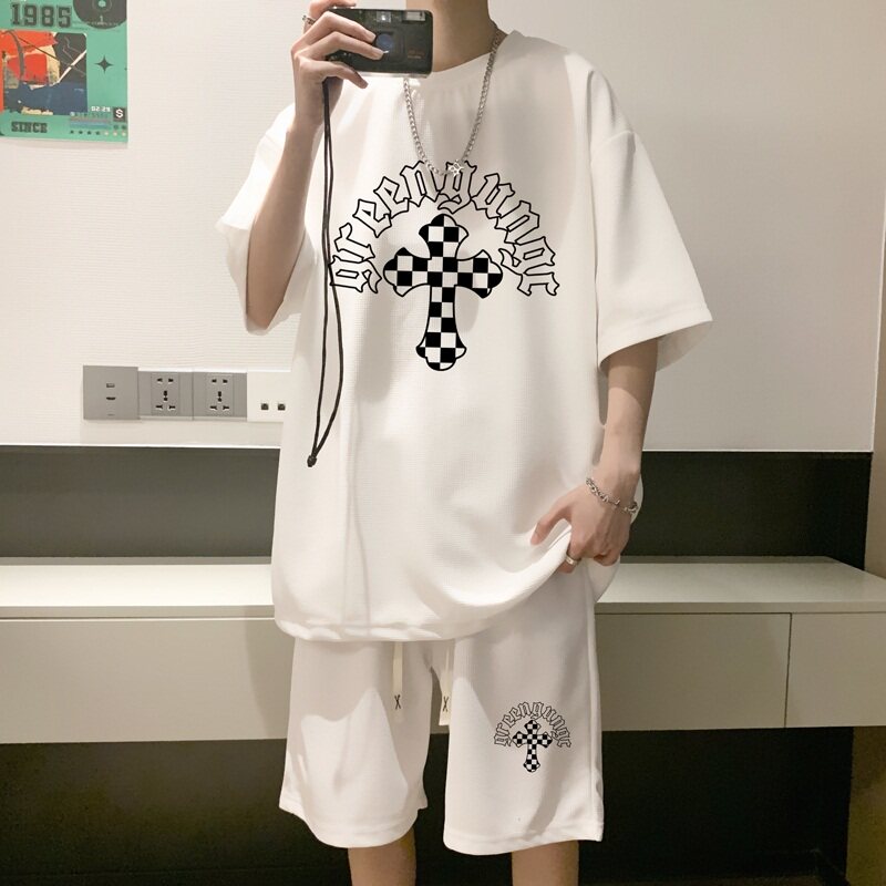 ZT50*P48港风ins华夫格套装男短袖t恤夏季潮流短裤两件套帅气男装,男装休闲套装,星座414A-2（原B215-2）