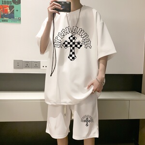 ZT50*P48港风ins华夫格套装男短袖t恤夏季潮流短裤两件套帅气男装图片