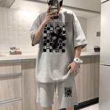 ZT51*P48港风ins华夫格套装男短袖t恤夏季休闲短裤两件套帅气男装，男装休闲套装，星座414A-2（原B215-2）