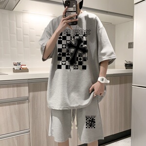 ZT51*P48港风ins华夫格套装男短袖t恤夏季休闲短裤两件套帅气男装图片