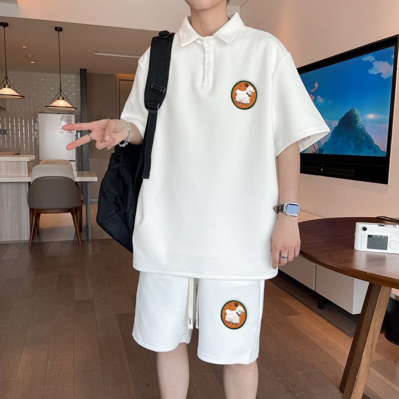 ZL01*P58 华夫格短袖短裤套装男夏季翻领t恤宽松潮流polo衫两件套图片