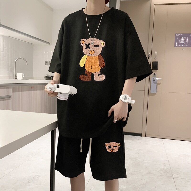ZT17*P55美式华夫格套装男夏季潮牌T恤短袖ins情侣宽松运动两件套,男装休闲套装,星座414A-2（原B215-2）