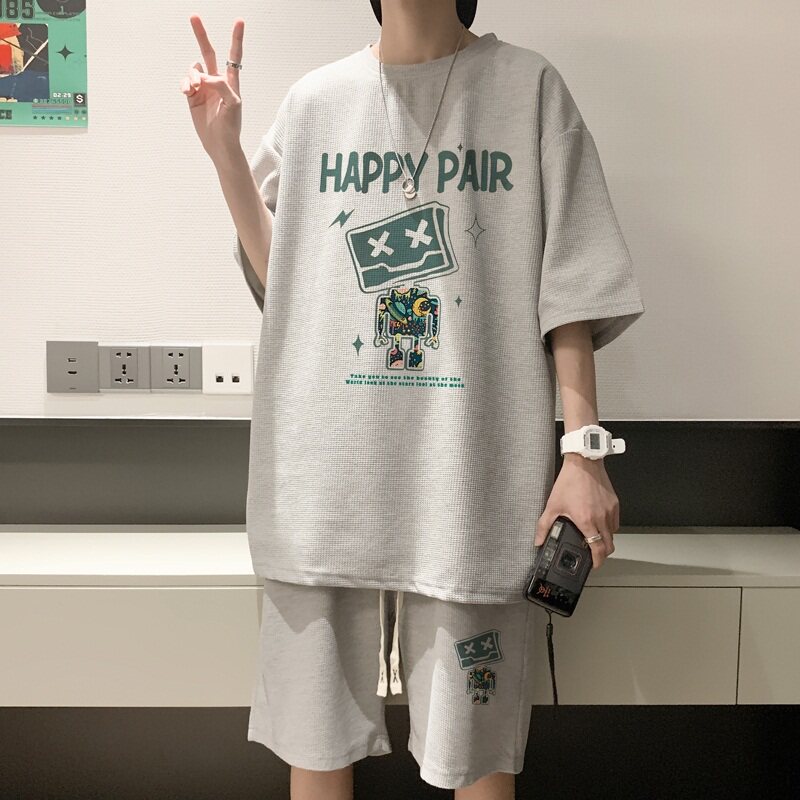 ZT23*P48美式华夫格套装男女夏季T恤短袖潮牌ins港风宽松两件套,男装休闲套装,星座414A-2（原B215-2）