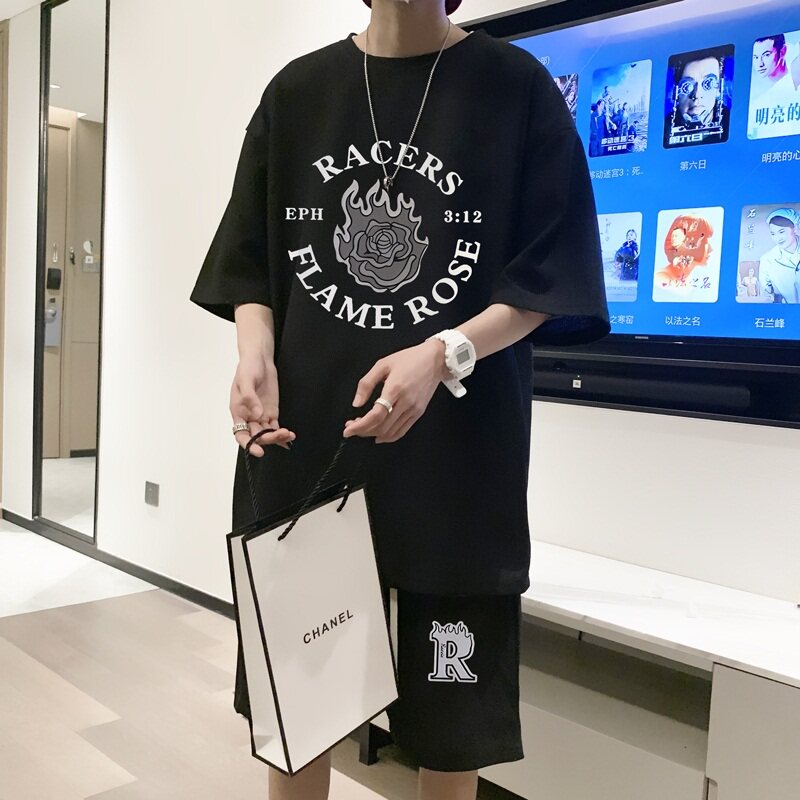 ZT25*P48短袖短裤套装男夏季潮牌宽松t恤五分裤帅气一套搭配衣服,男装休闲套装,星座414A-2（原B215-2）