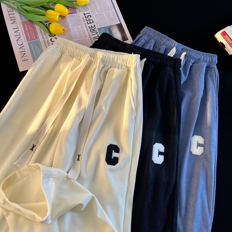 CK01*P28灯芯绒裤子春季新款宽松直筒卫裤男生阔腿裤运动休闲长裤,男装休闲裤,星座414A-2（原B215-2）
