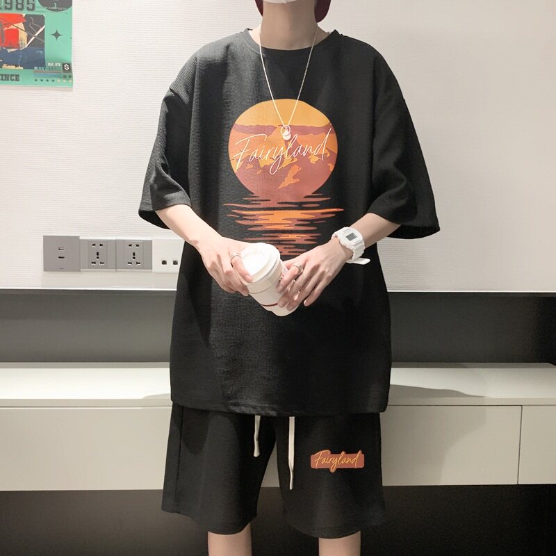ZT38*P48华夫格短袖t恤男女夏季套装情侣一套搭配帅气男装上衣服,男装休闲套装,星座414A-2（原B215-2）
