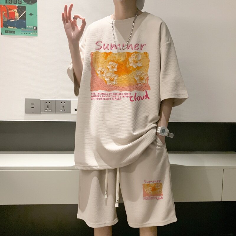 ZT46*P48夏季华夫格套装男女短袖T恤休闲短裤青少年穿搭运动搭配,男装休闲套装,星座414A-2（原B215-2）