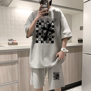 ZT51*P48港风ins华夫格套装男短袖t恤夏季潮流短裤两件套帅气男装图片