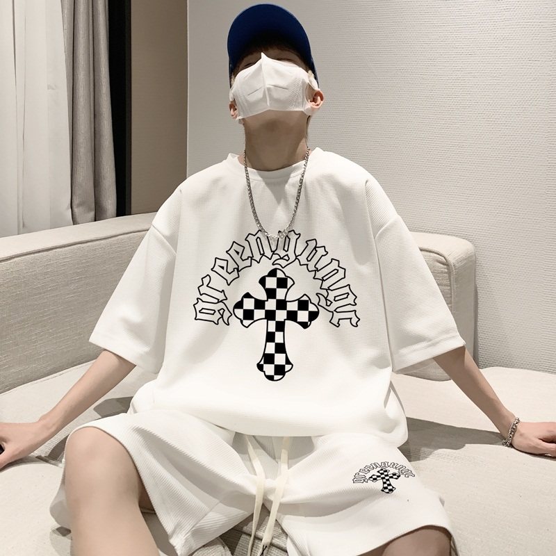 ZT50*P48港风ins华夫格套装男短袖t恤夏季休闲短裤两件套帅气男装图片