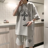 ZT50*P48港风ins华夫格套装男短袖t恤夏季潮流短裤两件套帅气男装，男装休闲套装，星座414A-2（原B215-2）