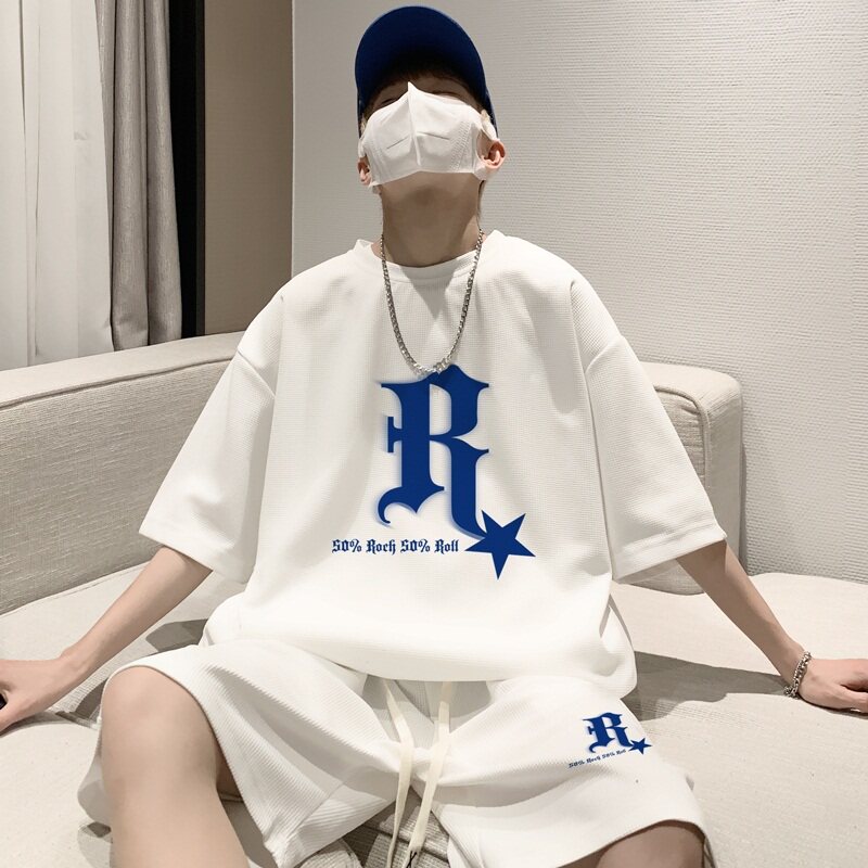 ZT13*P48夏季美式短袖t恤男士套装ins潮流帅气一套搭配短裤两件套,男装T恤,星座414A-2（原B215-2）