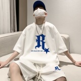ZT13*P48夏季美式短袖t恤男士套装ins潮流帅气一套搭配短裤两件套，男装T恤，星座414A-2（原B215-2）