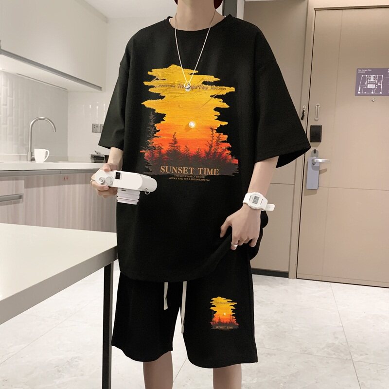 ZT32*P48潮短袖短裤套装夏季华夫格两件套t恤一套搭配帅气衣服,男装休闲套装,星座414A-2（原B215-2）