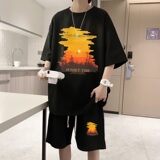 ZT32*P48潮短袖短裤套装夏季华夫格两件套t恤一套搭配帅气衣服，男装休闲套装，星座414A-2（原B215-2）