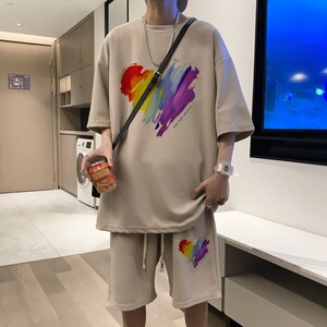 ZT21*P48美式华夫格套装男夏季T恤短袖ins港风一套运动情侣装控78图片