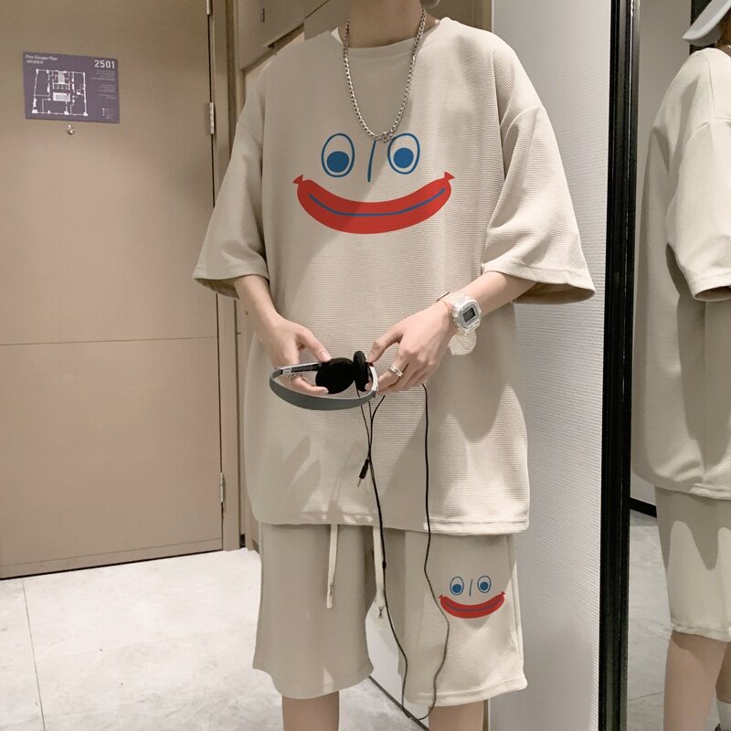 ZT35*P48华夫格短袖短裤套装男女夏季两件套潮牌一套搭配帅气衣服,男装休闲套装,星座414A-2（原B215-2）