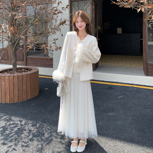 新中式刺绣网纱长裙两件套女秋季