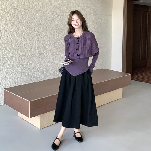 韩系秋季显瘦针织蝴蝶结两件套