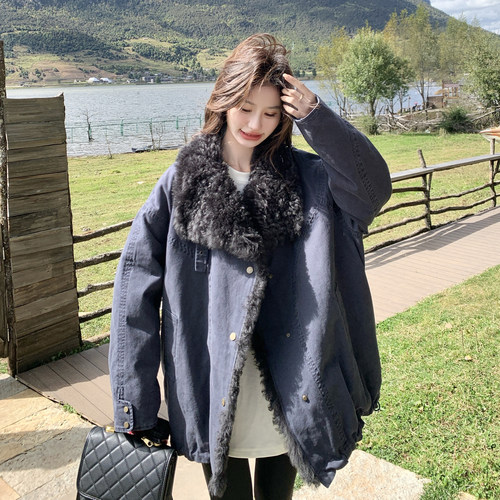 藏青大毛领90羽绒派克服女冬