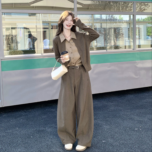 新款老钱风假两件针织上衣阔腿裤套装女秋简约气质休闲两件套女潮