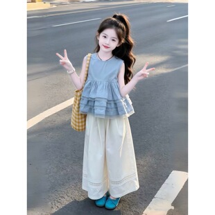 女童韩系套装夏季2026新款儿童甜美蕾丝花边娃娃衫上衣防蚊阔腿裤
