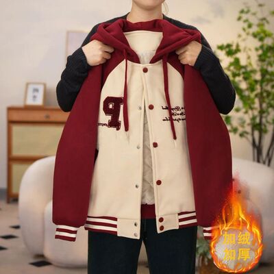 女童加绒外套冬装2025新款儿童加厚棒球服大童秋冬季连帽夹棉棉服