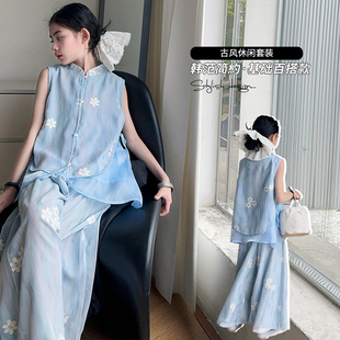 女童新中式刺绣旗袍套装2025新款国风汉服大儿童冰丝上衣夏季薄款