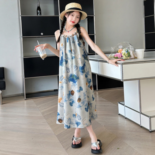 女童連衣裙夏裝 吊帶公主裙子 網紅洋氣大童海邊度假沙灘裙兒童夏季