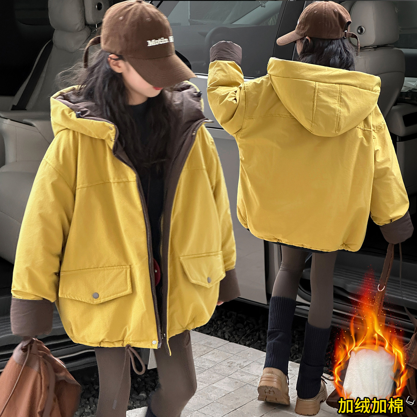 女童冬季加绒加厚连帽派克服2025新款儿童韩系休闲棉衣外套中大童