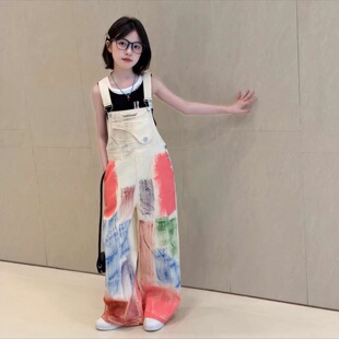 女童牛仔背带裤套装夏季薄款阔腿裤甜酷宽松多巴胺穿搭涂鸦直筒裤