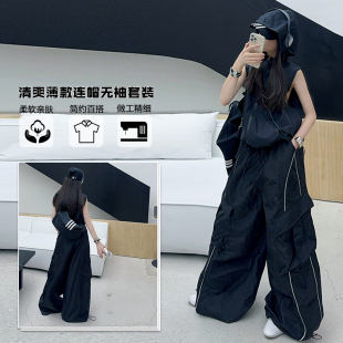 女童夏装2025新款爵士舞服装儿童时髦工装裤亲子装休闲运动套装薄