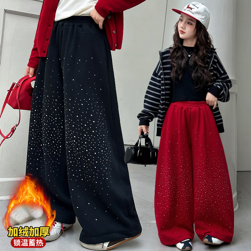 女童韩系重工烫钻加绒阔腿裤秋冬款儿童加厚一体绒弯刀休闲裤红色,童装/婴儿装/亲子装,裤子,淘宝优惠券,粉丝福利购,淘宝优惠卷