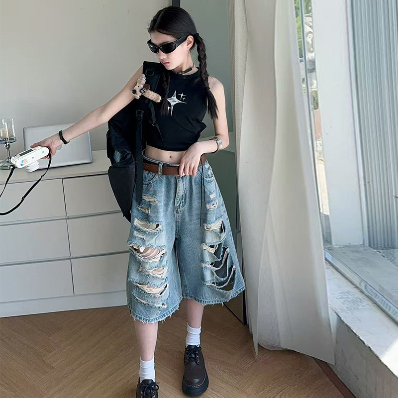 女童破洞牛仔裤夏季薄款外穿炸街爵士舞儿童裤子女大童短裤七分裤