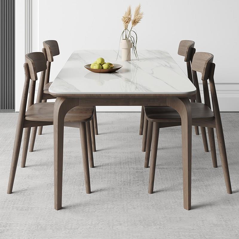 亮光岩板餐桌北欧现代简约家用小户型胡桃色长方形实木餐桌椅组合