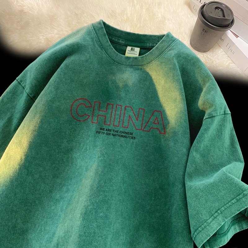 水洗做旧短袖t恤男夏美式复古高街半袖上衣体恤衫SX017P38控55，男装T恤，星座414A-3（原B215-3）