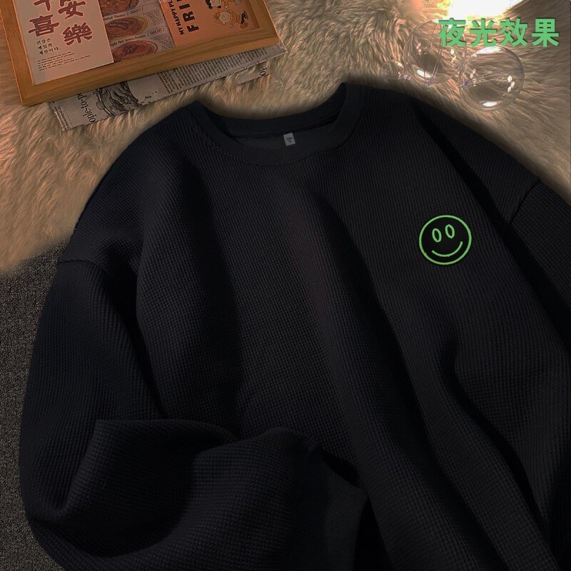 刺绣圆领无帽套头卫衣男美式宽松上衣华夫格夜光卫衣XW009 P30图片