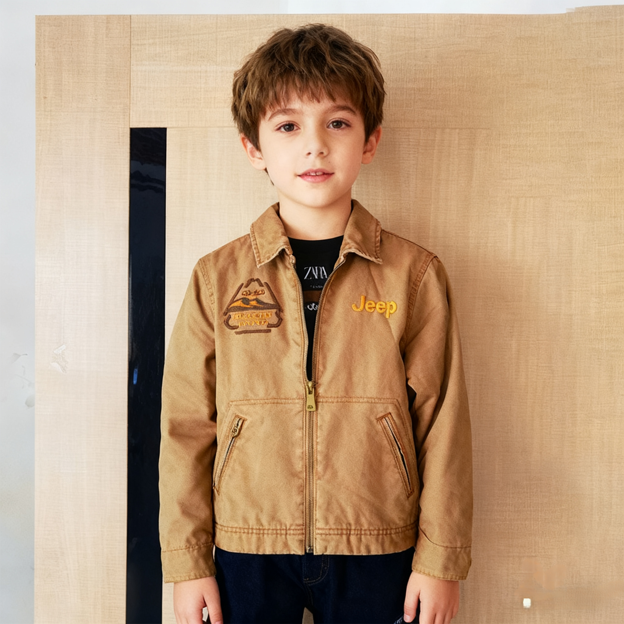 男童春秋加厚保暖小方领刺绣外套