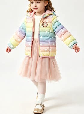 pawinpaw女童羽绒服外套秋冬彩虹渐变连帽外套女宝宝短款鹅绒棉服