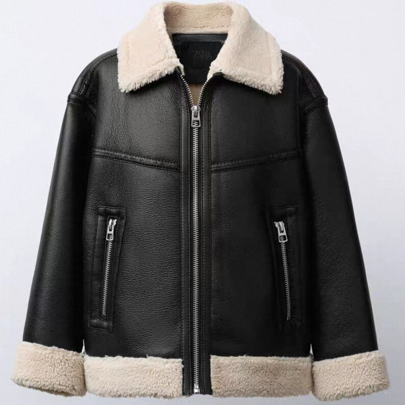 thumbnail for Boys' and girls' lambswool collar leather jacket, autumn-winter new baby motorcycle jacket, PU leather versatile fleece-lined thickened jacket