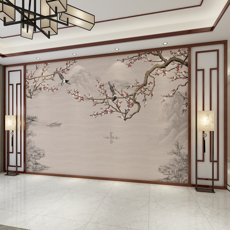 新中式花鸟电视背景墙壁纸客厅环保墙纸立体壁布书房卧室餐厅墙布_虎窝淘