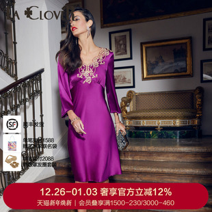 兰卡文高级御姐睡衣紫色韵味长袖 女闪耀派对LC44US2 睡裙过膝长款