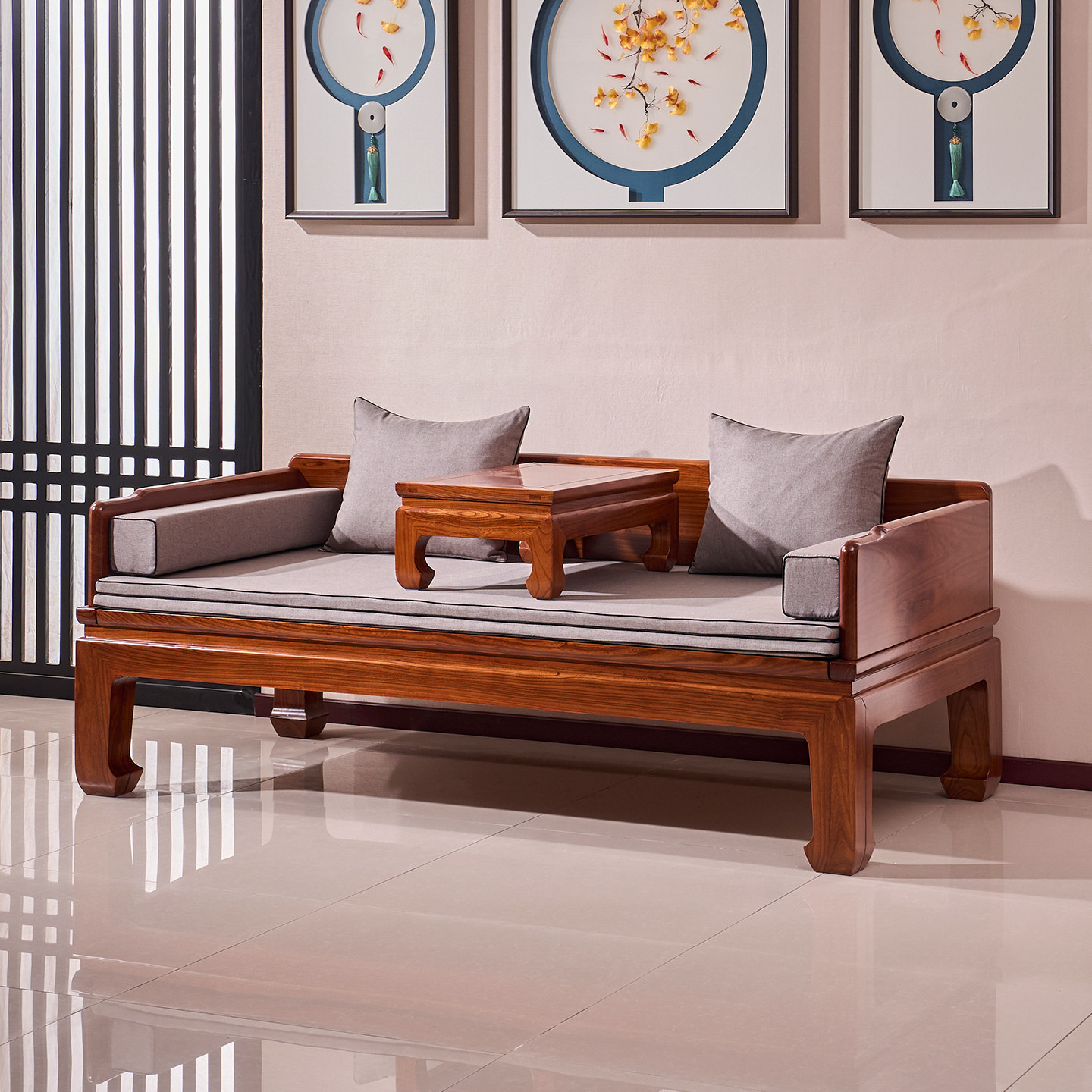 新中式罗汉床实木客厅推拉床抽拉两用沙发床榻禅意复古简约榆木床