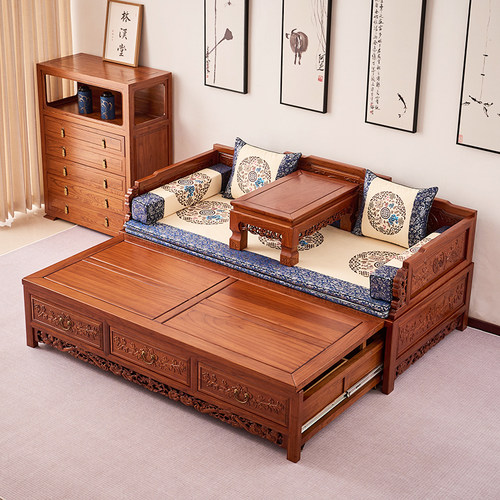 实木新中式推拉榆木罗汉床沙发床