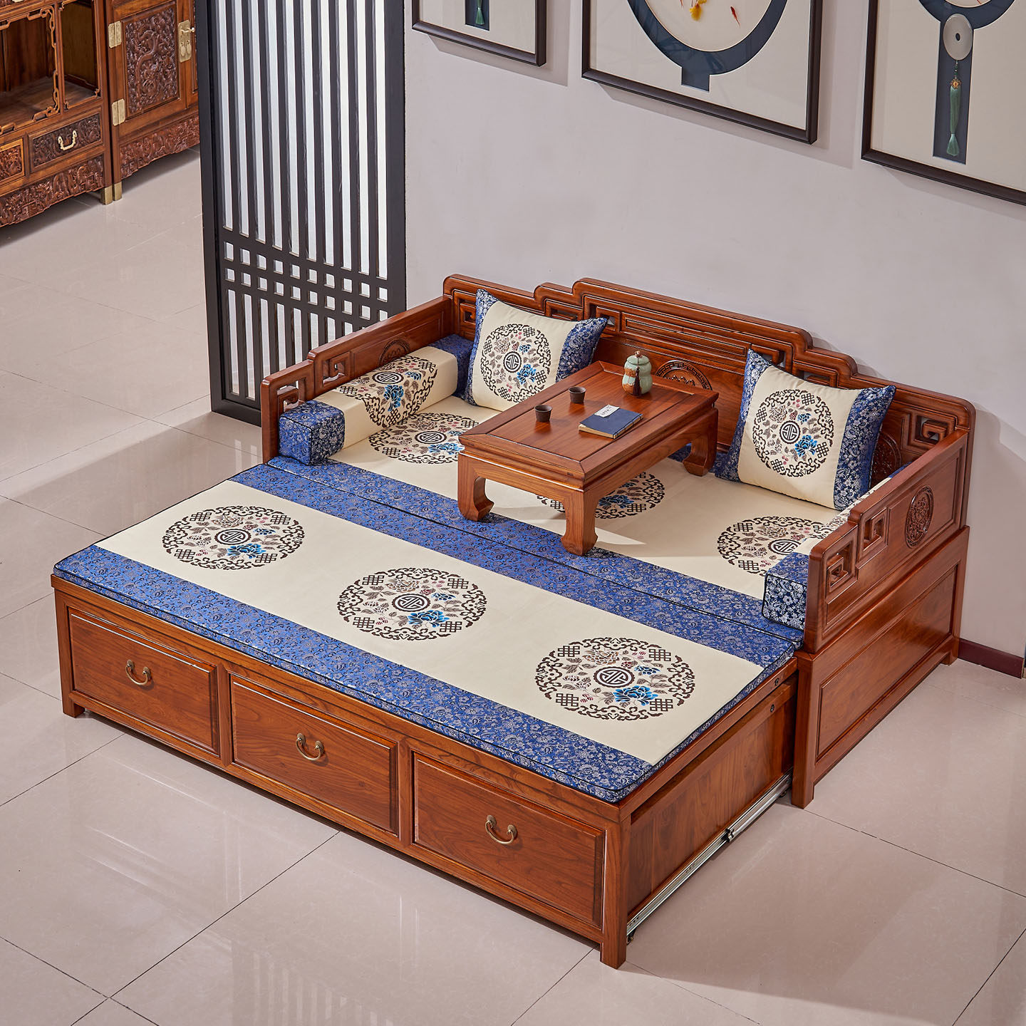 新中式推拉床榆木两用伸缩罗汉床小户型客厅抽拉实木床榻复古家具