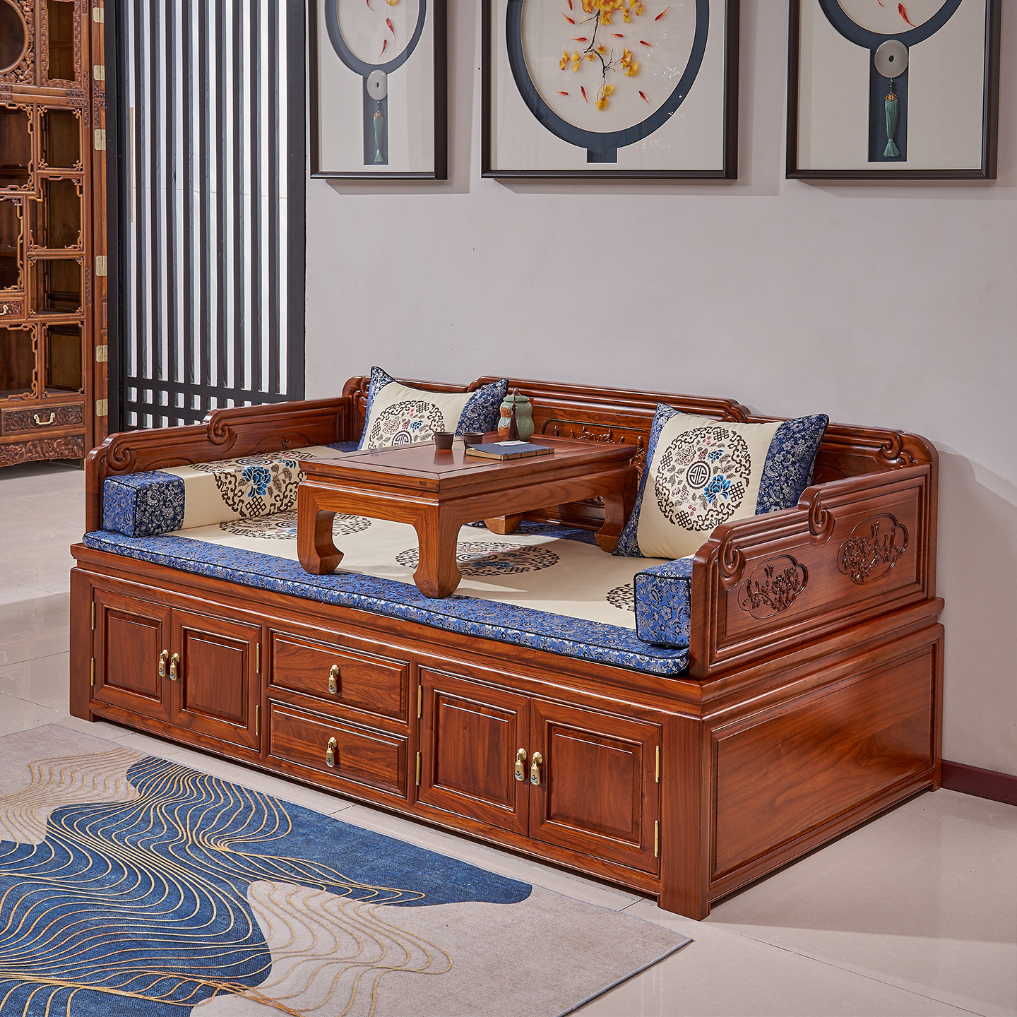 小户型实木罗汉床客厅新中式箱体沙发老榆木罗汉床榻原木复古家具