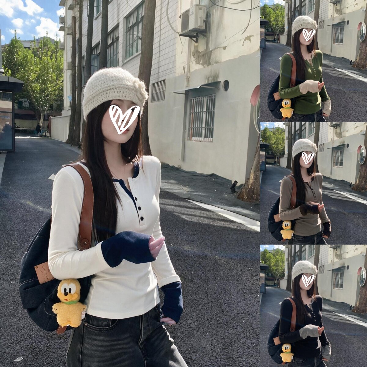 撞色亨利领拼色打底衫上衣